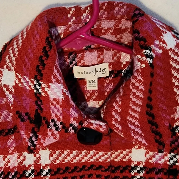 Maison Jules Red Plaid Button-Front Cape/Jacket Classic Tartan Pattern S/M - Picture 3 of 6